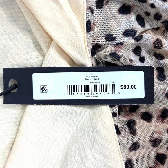 Steve Madden Ada Dress Desert Sand Asymmetrical Leopard Print Tiered Lg NWT - Picture 4 of 9